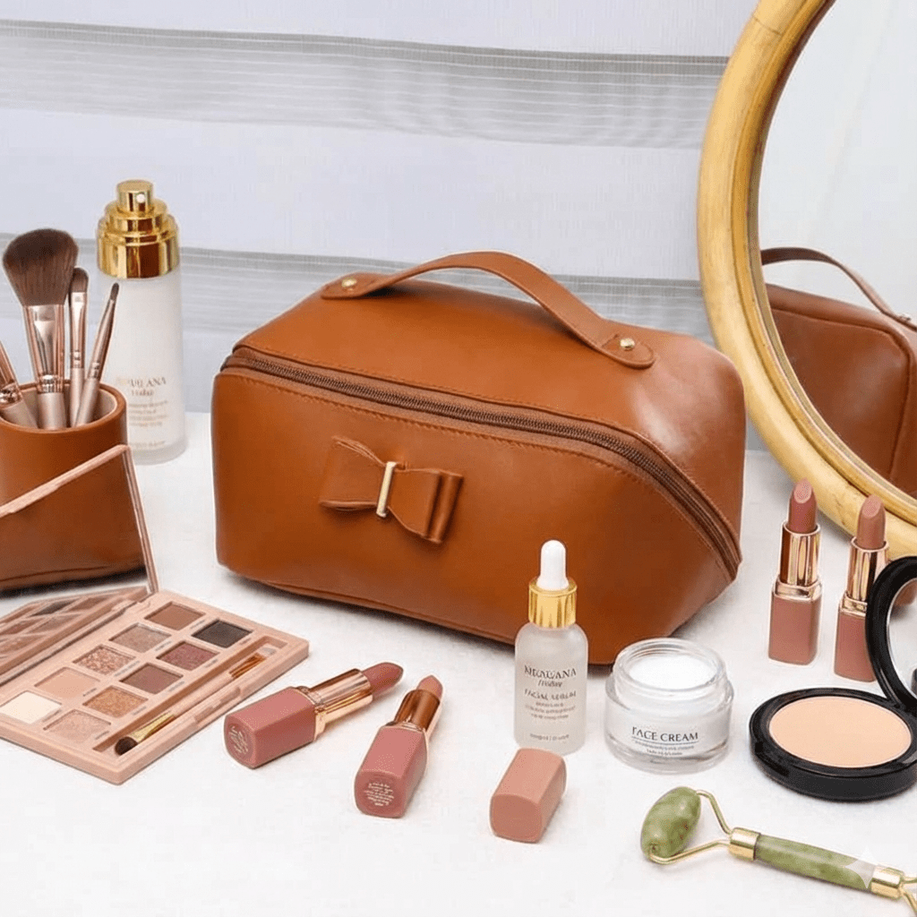 Leather Cosmetic & Makeup Organizer Bag with Bow main image