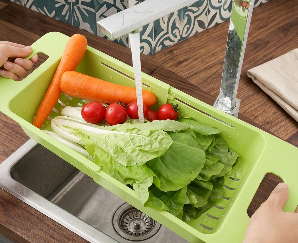 Imperial MineSpace Collapsible Kitchen Colander Sink Basket for Fruits and Vegetables Drain Rack Adjustable Strainer Tray Shelf Storage Holder Over the Sink for Kitchen image 2