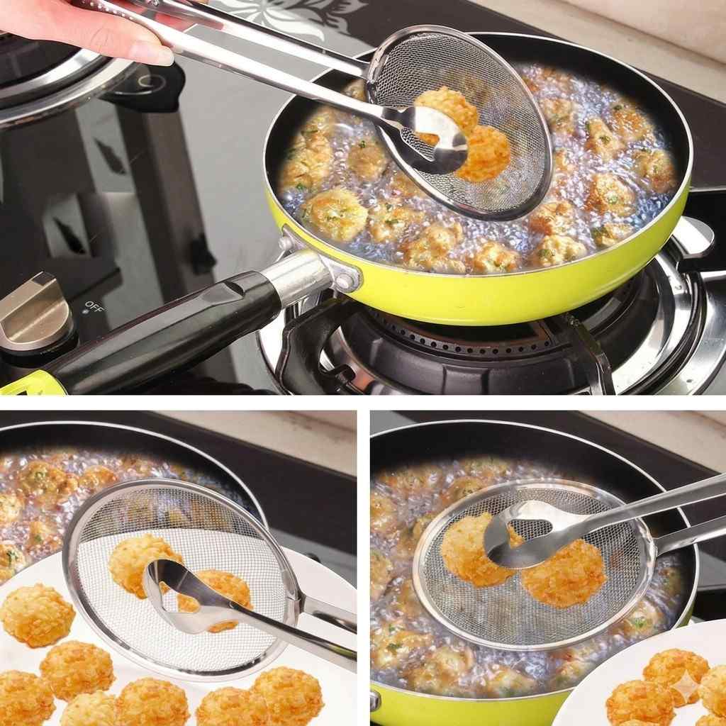 Stainless Steel Frying Tongs with Integrated Mesh Strainer – Oil-Draining Cooking Tongs for Deep Frying image 2