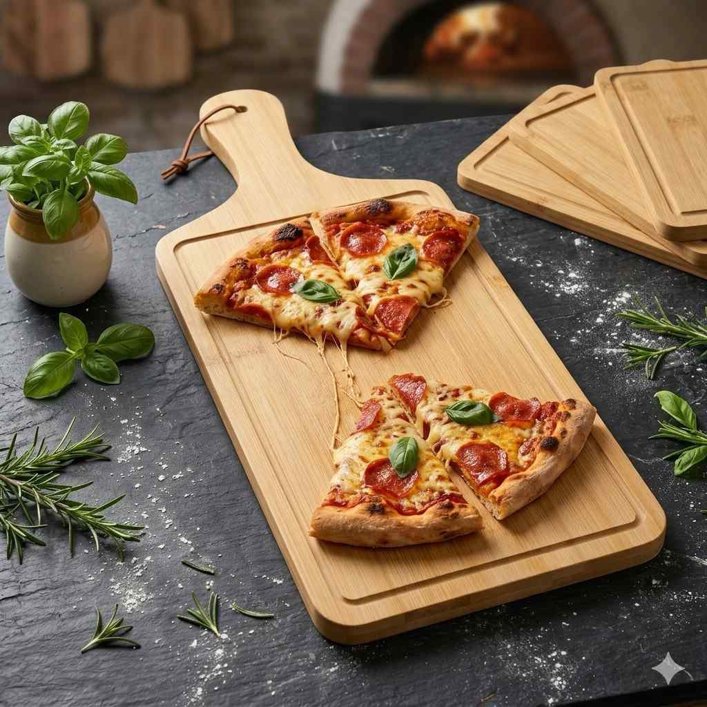 Bamboo Rectangle Pizza Serving Plate with Handle | 19×7 Inch Premium Wooden Charcuterie Board, Sandwich Platter & Burger Tray main image