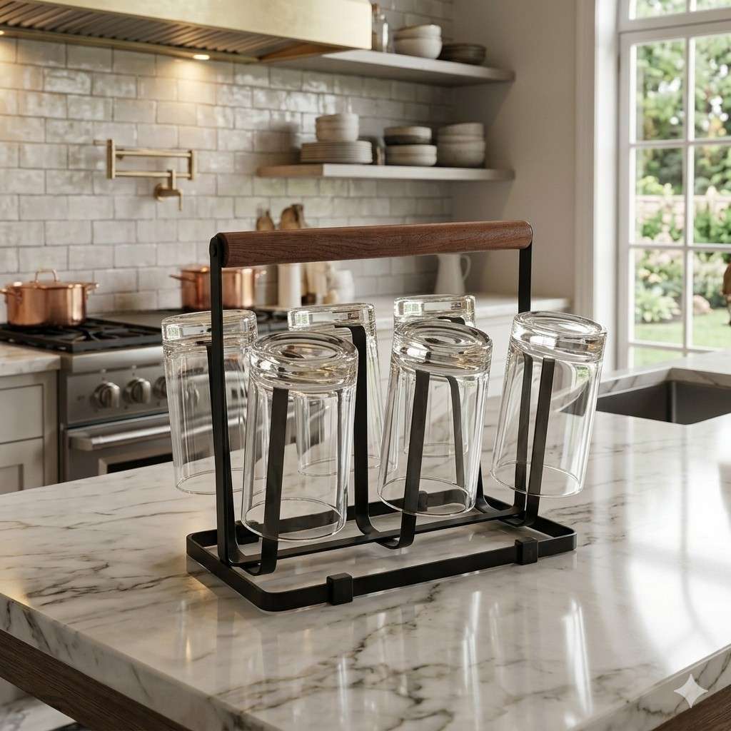 Imperial Premium Wooden Handle Glass Stand – 6-Hook Countertop Drying Rack & Organizer image 3