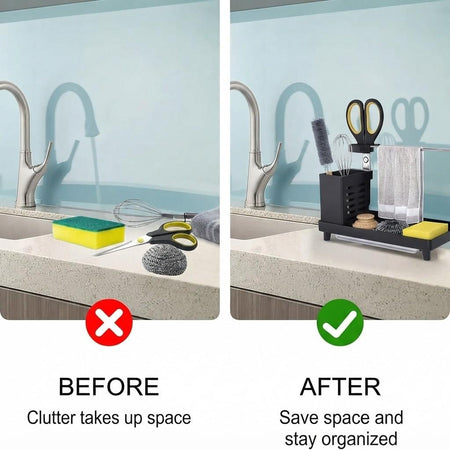 Multipurpose Kitchen & Bathroom Sink Organizer with Towel Bar, Removable Drip Tray, and Brush Holder – Compact Space-Saving Countertop Storage image 2
