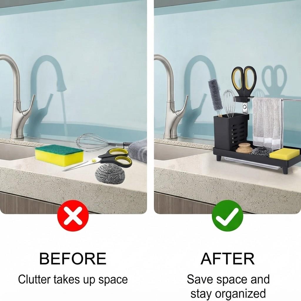 Multipurpose Kitchen & Bathroom Sink Organizer with Towel Bar, Removable Drip Tray, and Brush Holder – Compact Space-Saving Countertop Storage image 2