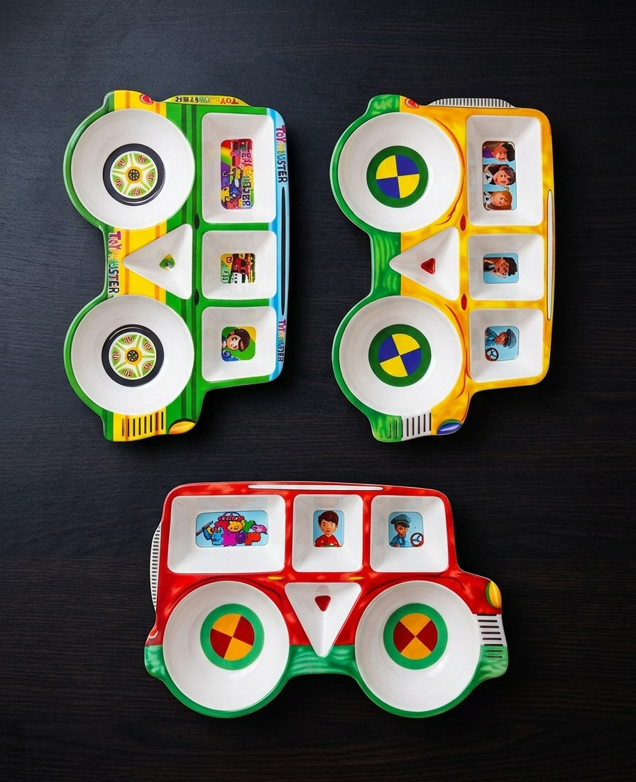 “Toy Monster” Kids’ School Bus Divided Meal Plate – Fun 5-Compartment Toddler Feeding Tray image 4