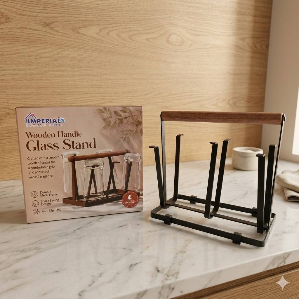 Imperial Premium Wooden Handle Glass Stand – 6-Hook Countertop Drying Rack & Organizer image 4
