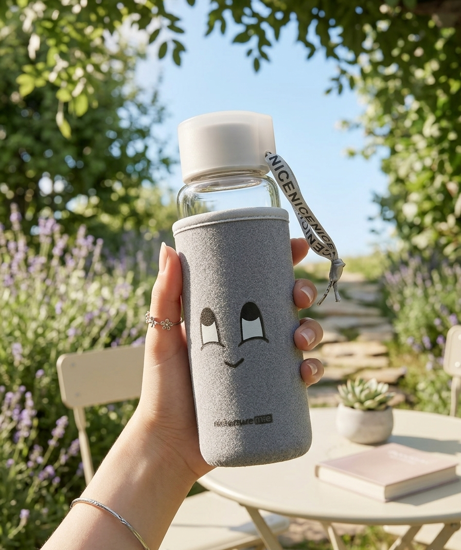 380ml Slim Borosilicate Glass Water Bottle with “Happy Face” Protective Sleeve image 3