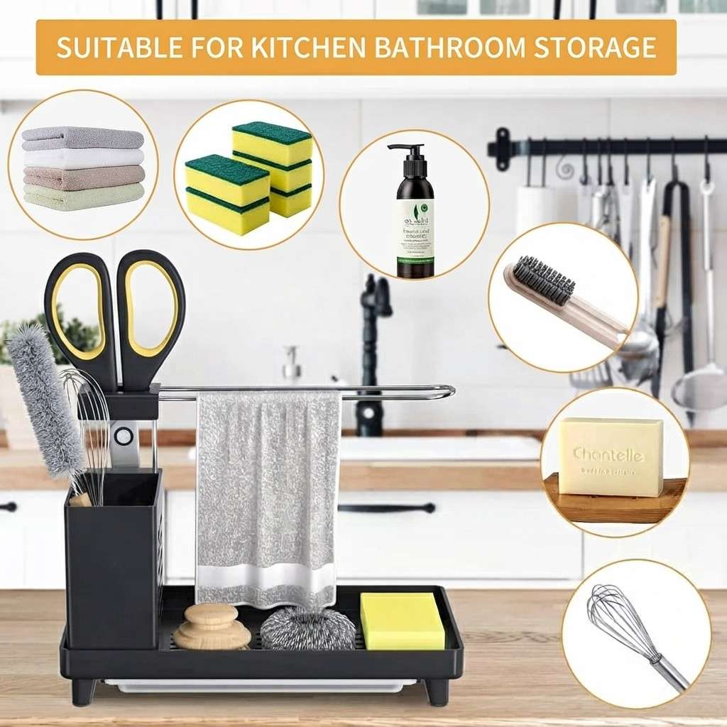 Multipurpose Kitchen & Bathroom Sink Organizer with Towel Bar, Removable Drip Tray, and Brush Holder – Compact Space-Saving Countertop Storage image 3