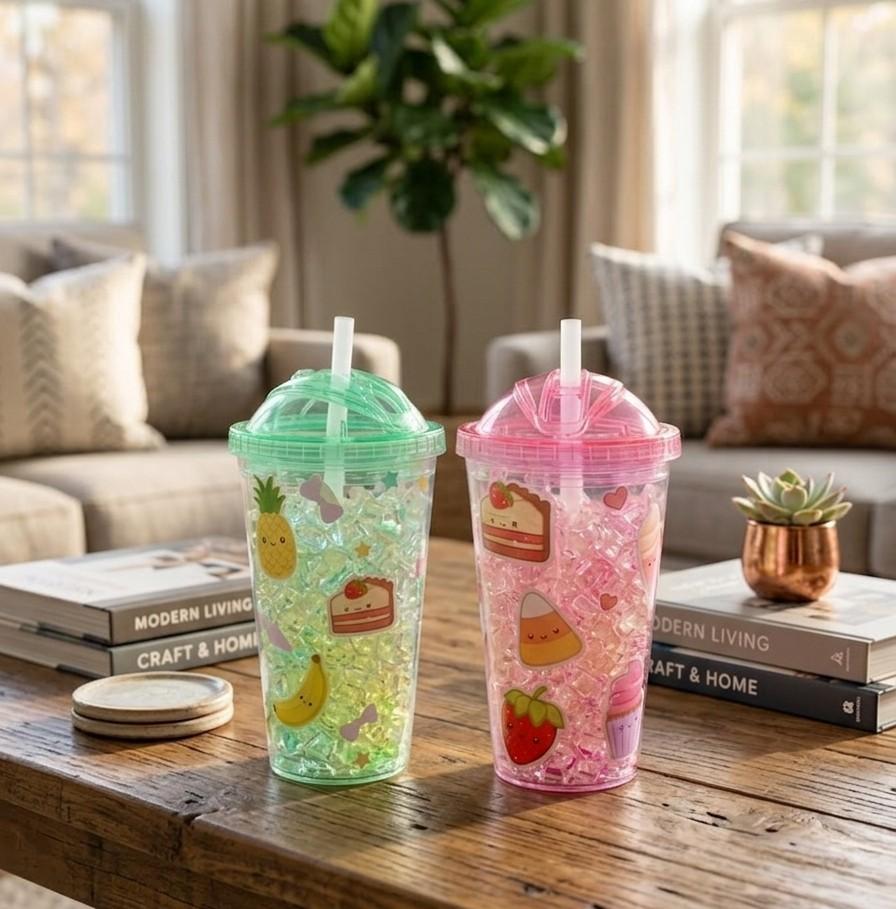 Double-Walled Plastic Tumbler with Dome Lid and Straw – Insulated Travel Jar with Decorative Gel Fillers image 4