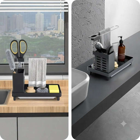 Multipurpose Kitchen & Bathroom Sink Organizer with Towel Bar, Removable Drip Tray, and Brush Holder – Compact Space-Saving Countertop Storage image 5