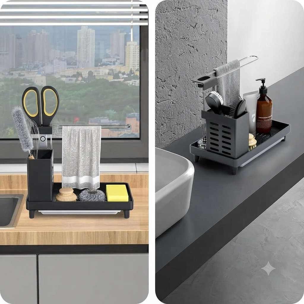 Multipurpose Kitchen & Bathroom Sink Organizer with Towel Bar, Removable Drip Tray, and Brush Holder – Compact Space-Saving Countertop Storage image 5