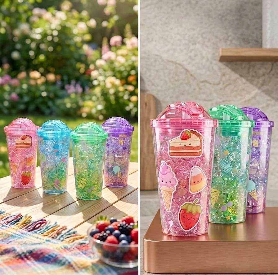 Double-Walled Plastic Tumbler with Dome Lid and Straw – Insulated Travel Jar with Decorative Gel Fillers image 3