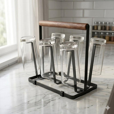 Imperial Premium Wooden Handle Glass Stand – 6-Hook Countertop Drying Rack & Organizer main image