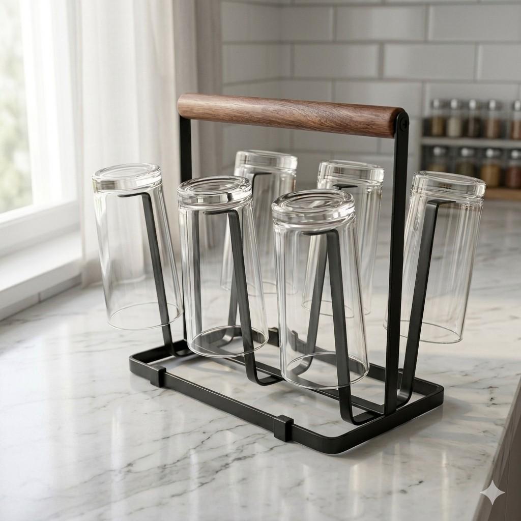 Imperial Premium Wooden Handle Glass Stand – 6-Hook Countertop Drying Rack & Organizer main image