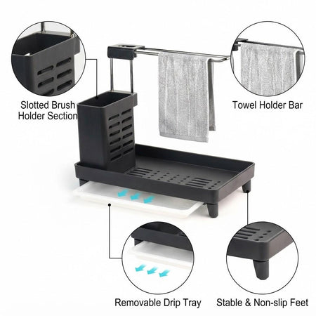 Multipurpose Kitchen & Bathroom Sink Organizer with Towel Bar, Removable Drip Tray, and Brush Holder – Compact Space-Saving Countertop Storage image 4