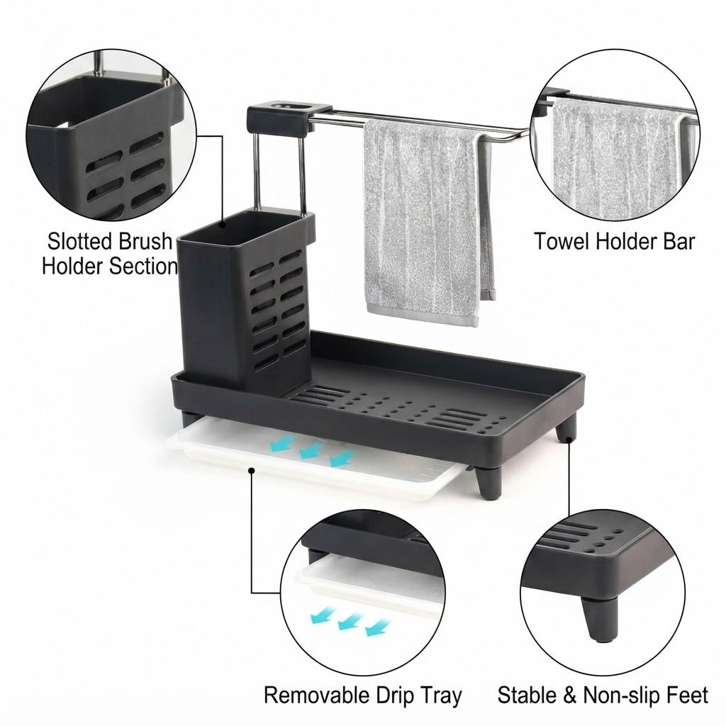 Multipurpose Kitchen & Bathroom Sink Organizer with Towel Bar, Removable Drip Tray, and Brush Holder – Compact Space-Saving Countertop Storage image 4
