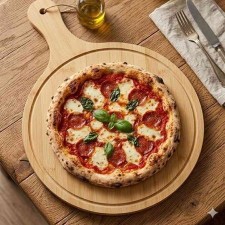 Bamboo Round Pizza Serving Plate with Handle | 17×11 Inch Premium Wooden Serving Board for Pizza, Burgers, and Charcuterie main image