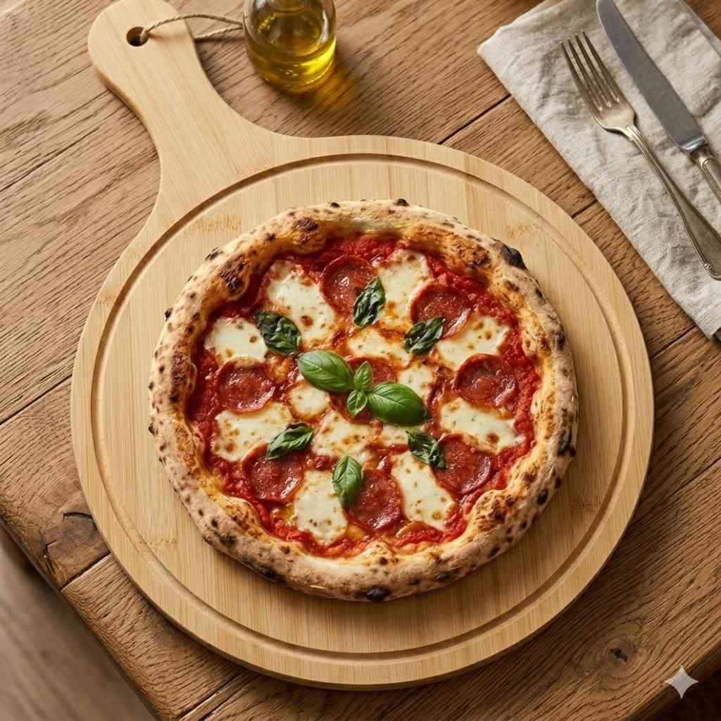 Bamboo Round Pizza Serving Plate with Handle | 17×11 Inch Premium Wooden Serving Board for Pizza, Burgers, and Charcuterie main image