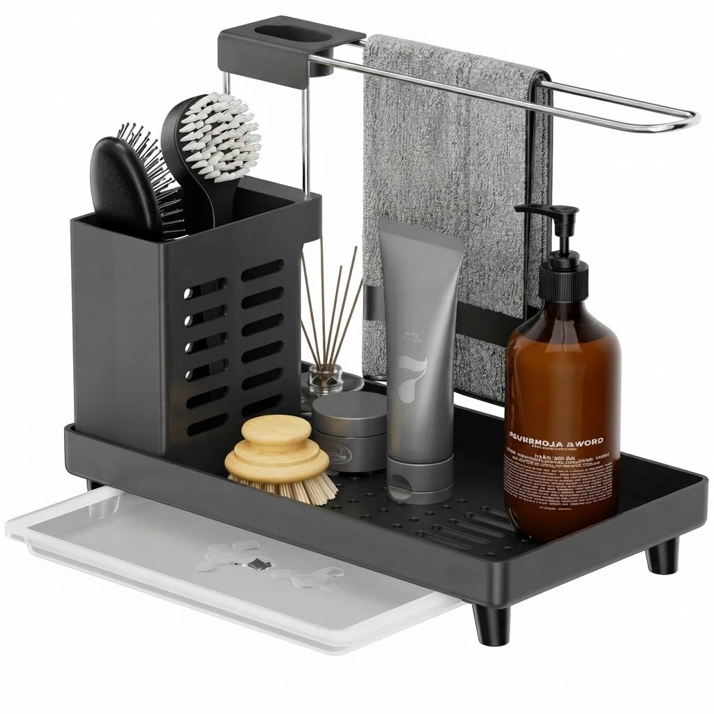 Multipurpose Kitchen & Bathroom Sink Organizer with Towel Bar, Removable Drip Tray, and Brush Holder – Compact Space-Saving Countertop Storage main image