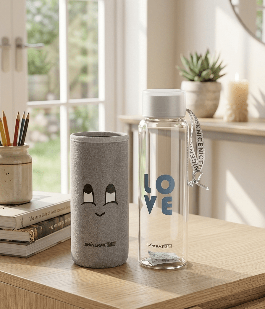 380ml Slim Borosilicate Glass Water Bottle with “Happy Face” Protective Sleeve image 2