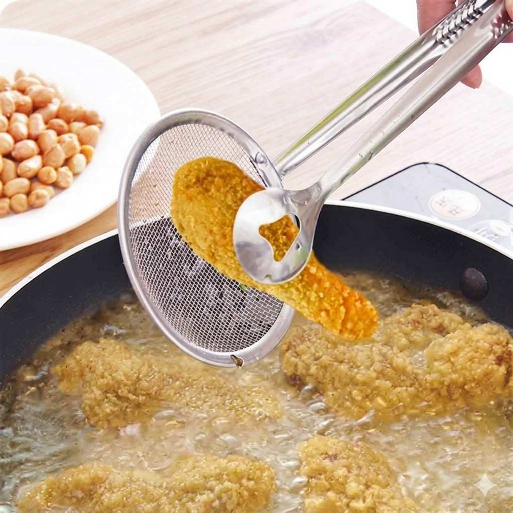 Stainless Steel Frying Tongs with Integrated Mesh Strainer – Oil-Draining Cooking Tongs for Deep Frying main image