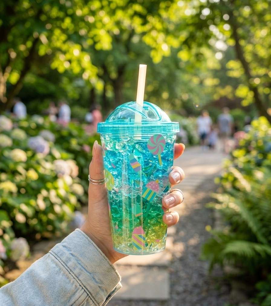 Double-Walled Plastic Tumbler with Dome Lid and Straw – Insulated Travel Jar with Decorative Gel Fillers image 2