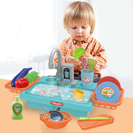 Play Sink for Kids Kitchen Pretend Play Dishwasher Toy Automatic Running Water