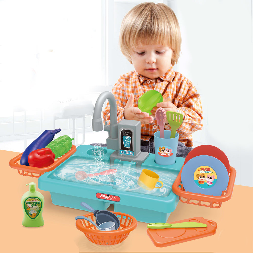 Play Sink for Kids Kitchen Pretend Play Dishwasher Toy Automatic Running Water