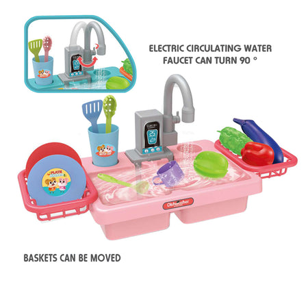 Play Sink for Kids Kitchen Pretend Play Dishwasher Toy Automatic Running Water