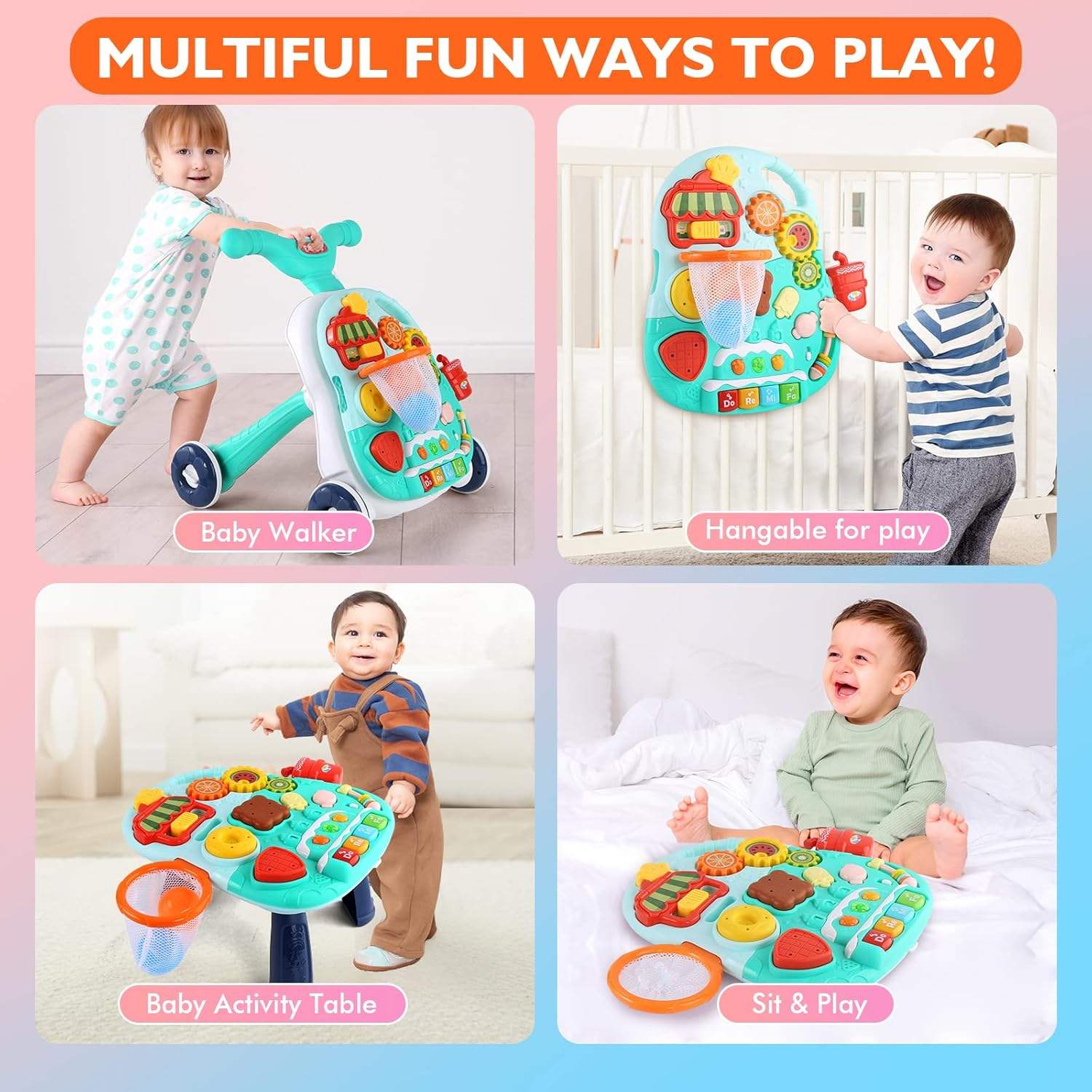 Huanger 2 in 1 Electronic Walker For Toddlers Music Entertainment and Activity Green