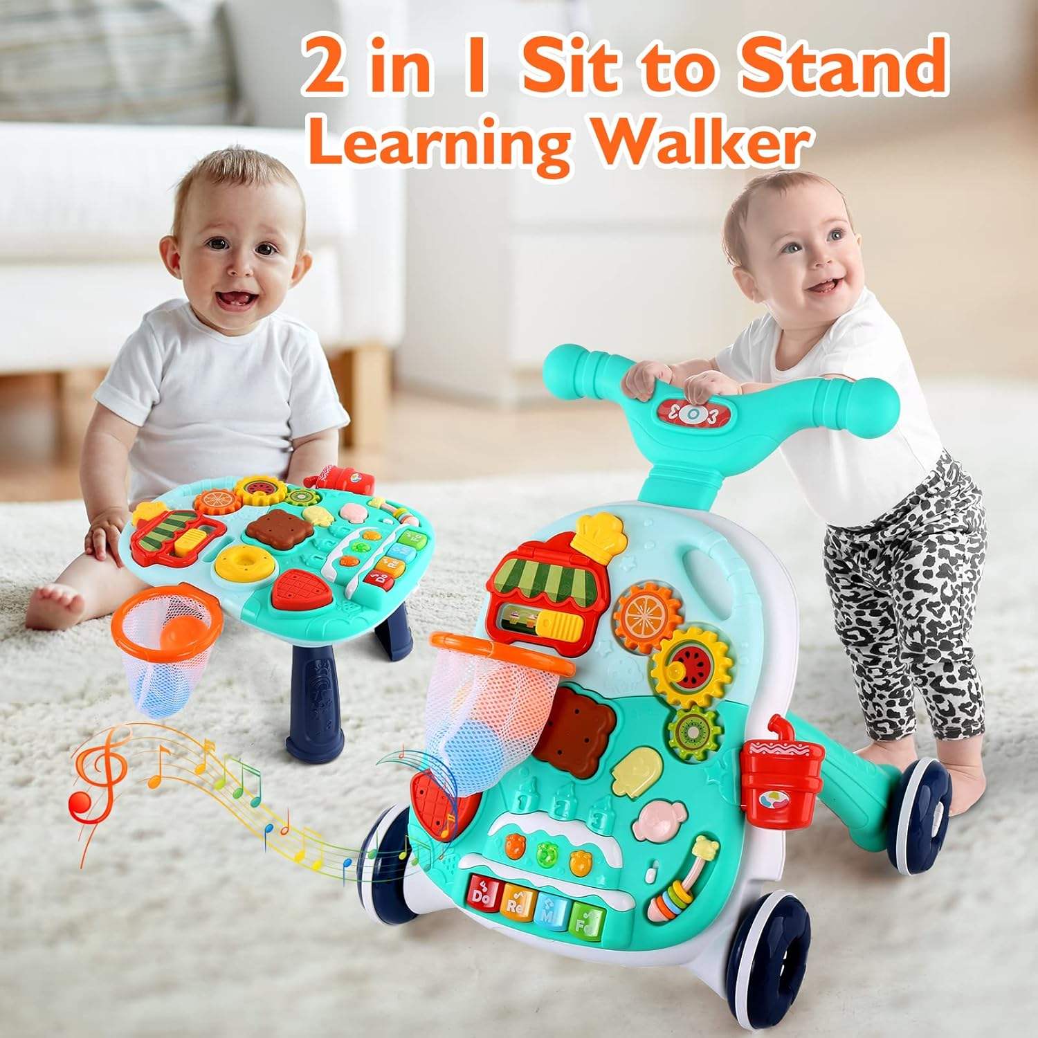 Huanger 2 in 1 Electronic Walker For Toddlers Music Entertainment and Activity Green