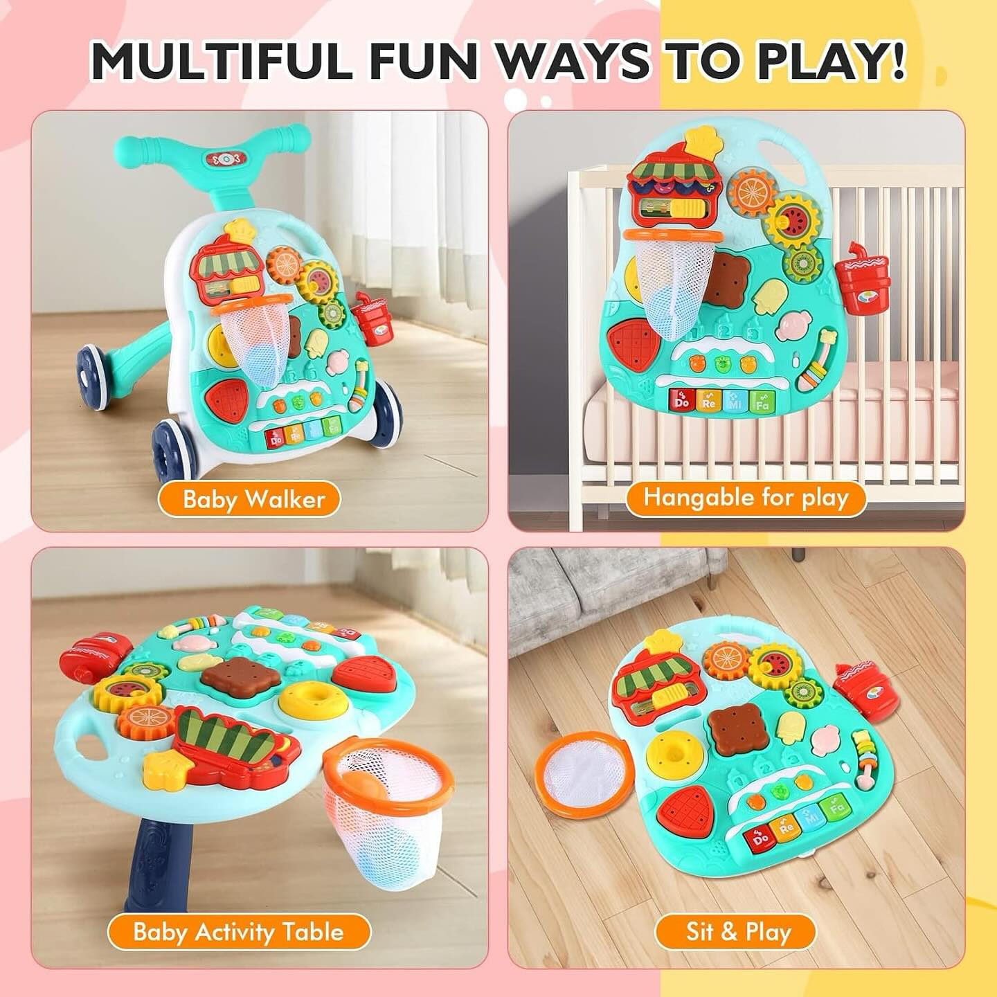 Huanger 2 in 1 Electronic Walker For Toddlers Music Entertainment and Activity Green