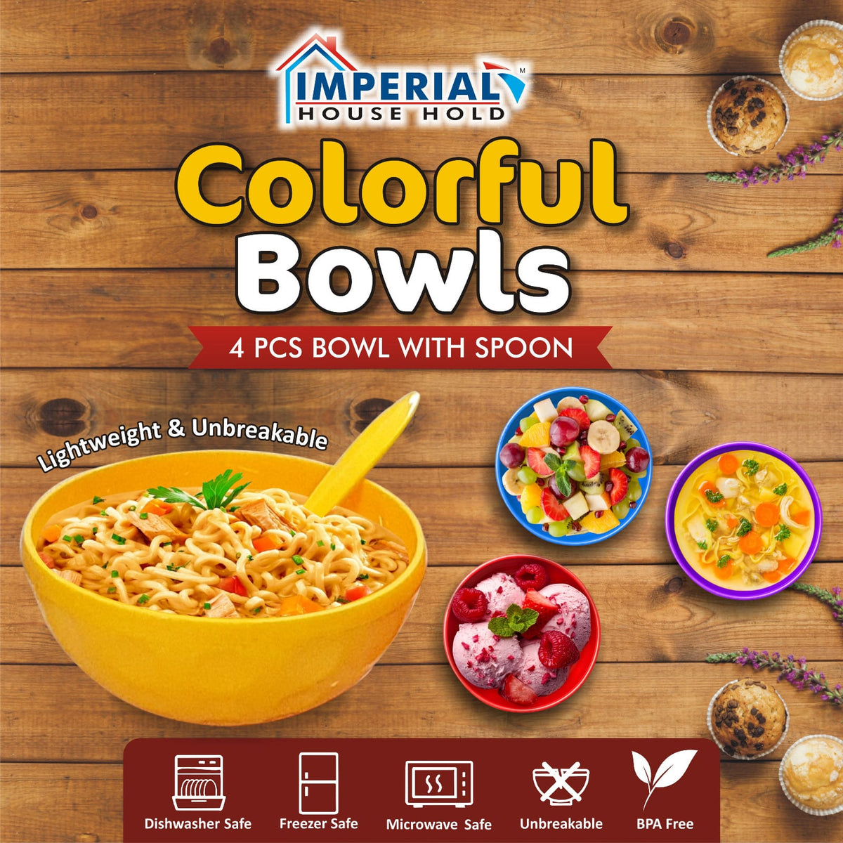 Imperial Colorful Bowls 4pcs With Spoon/stylish Bowls Set For Multipurpose main image