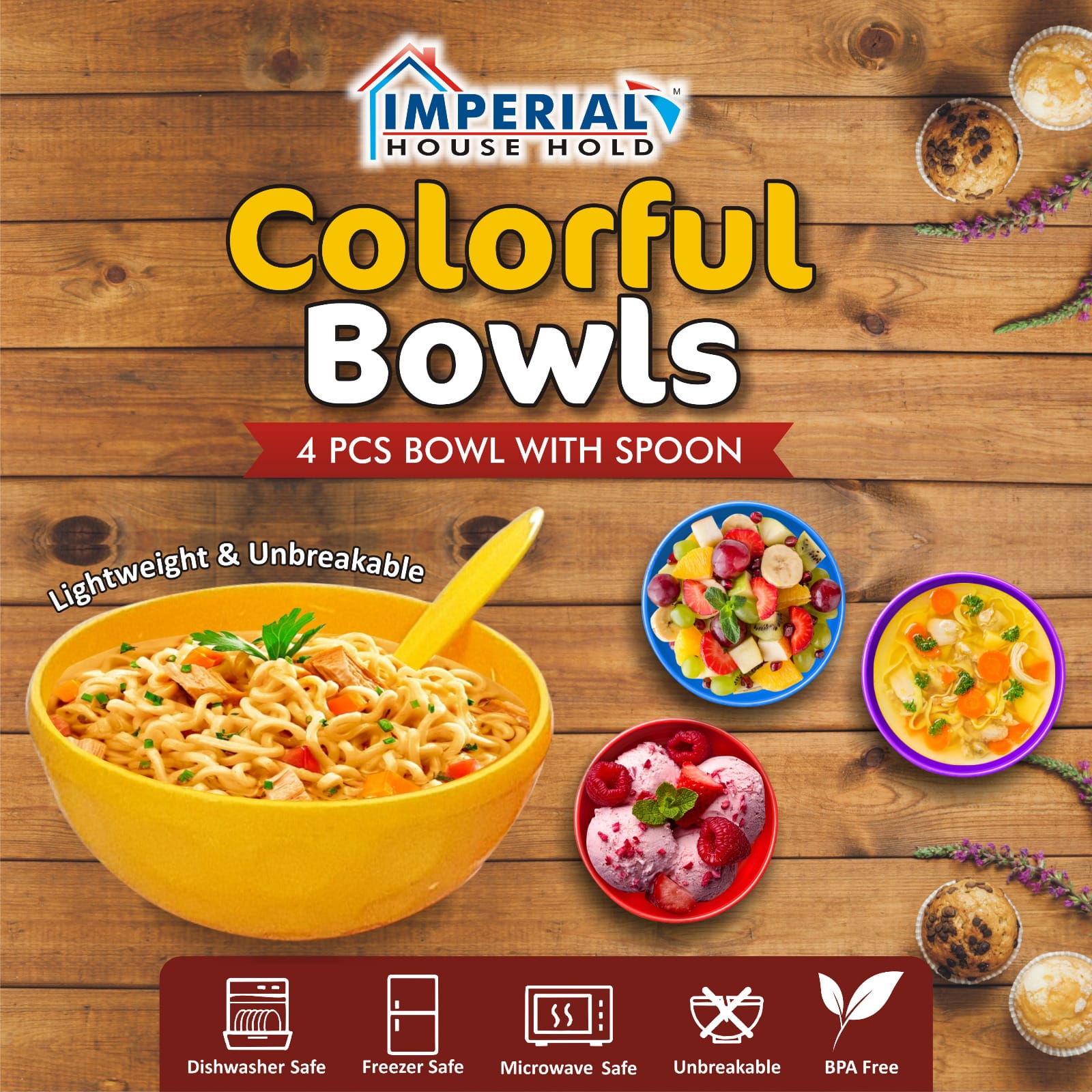 Imperial Colorful Bowls 4pcs With Spoon/stylish Bowls Set For Multipurpose main image