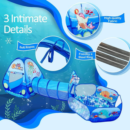Infantes 3 Pc Ball Pit Tunnel Tent House / Ball House Ocean Blue + Free 50 Balls