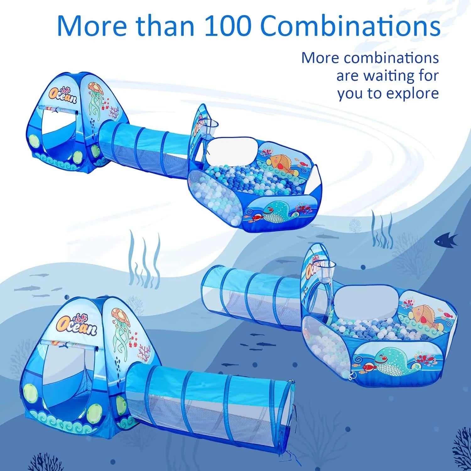 Infantes 3 Pc Ball Pit Tunnel Tent House / Ball House Ocean Blue + Free 50 Balls