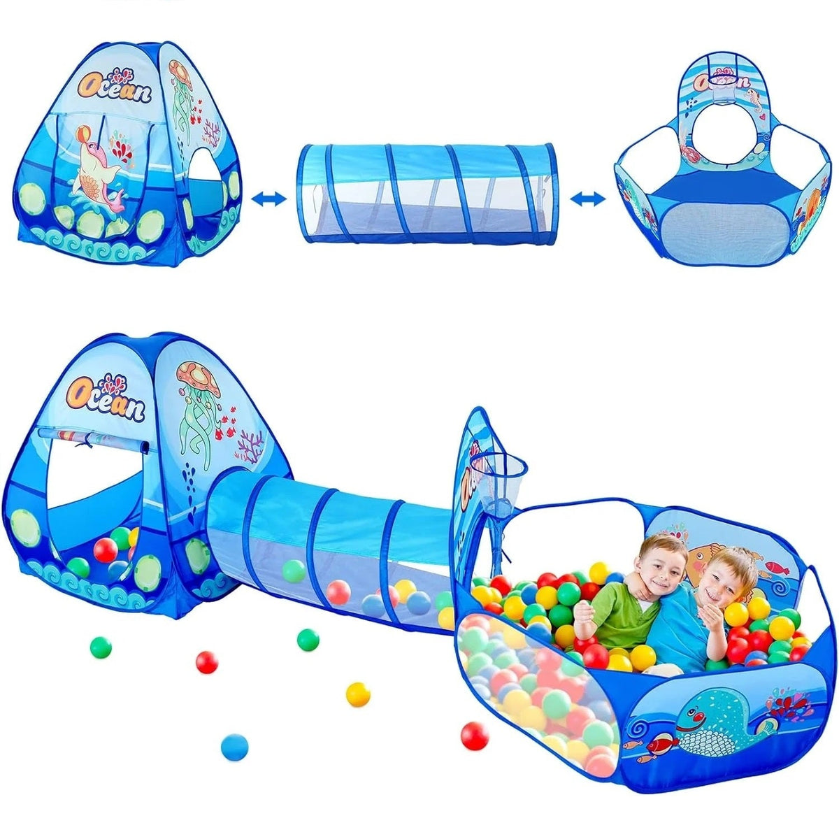 Infantes 3 Pc Ball Pit Tunnel Tent House / Ball House Ocean Blue + Free 50 Balls