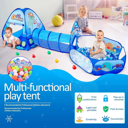 Infantes 3 Pc Ball Pit Tunnel Tent House / Ball House Ocean Blue + Free 50 Balls