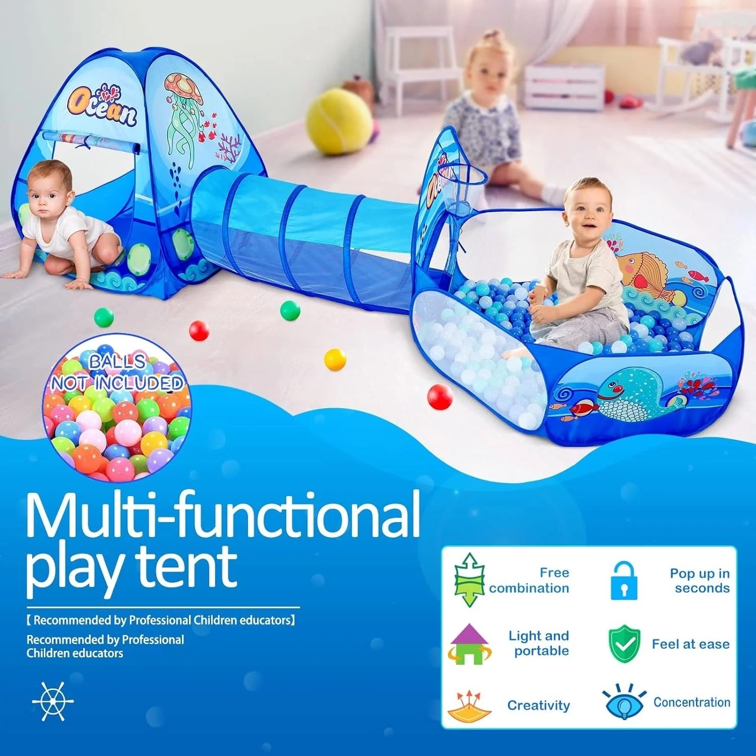 Infantes 3 Pc Ball Pit Tunnel Tent House / Ball House Ocean Blue + Free 50 Balls
