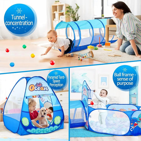 Infantes 3 Pc Ball Pit Tunnel Tent House / Ball House Ocean Blue + Free 50 Balls