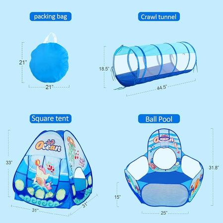 Infantes 3 Pc Ball Pit Tunnel Tent House / Ball House Ocean Blue + Free 50 Balls