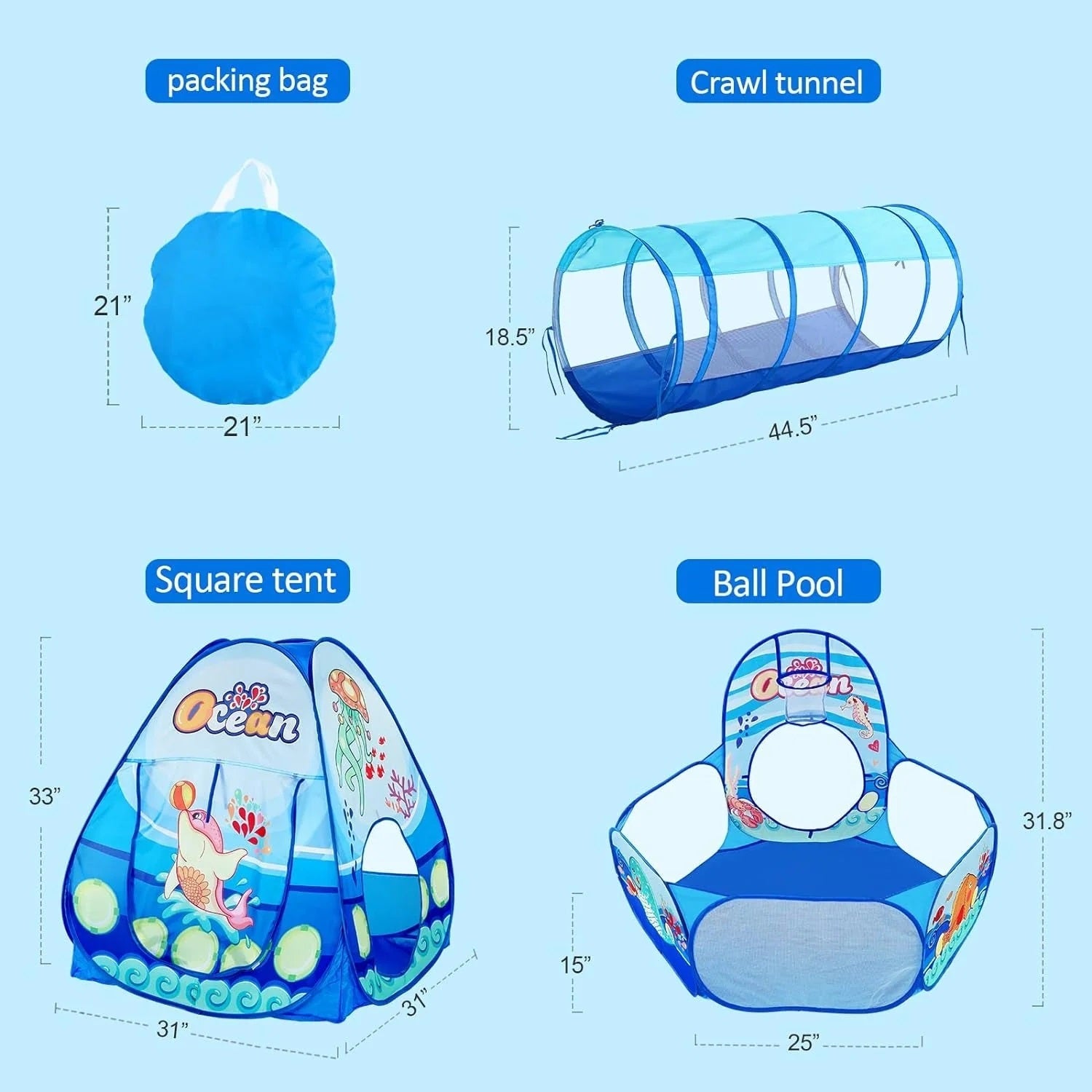 Infantes 3 Pc Ball Pit Tunnel Tent House / Ball House Ocean Blue + Free 50 Balls