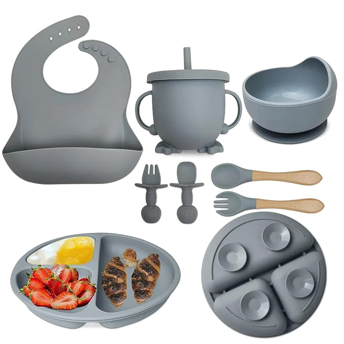 8 PCS Silicone Utensil/Feeding Set Grey