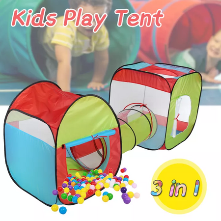 3 in 1 Tunnel Play Tent House + Free 50 Balls