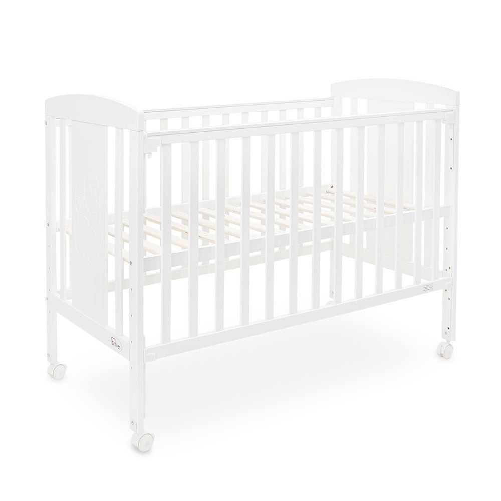 Tinnies White Wooden Baby Cot with Adjustable Side Panel, Wheels & Mosquito Net (0–4 Years, Up to 18 kg)