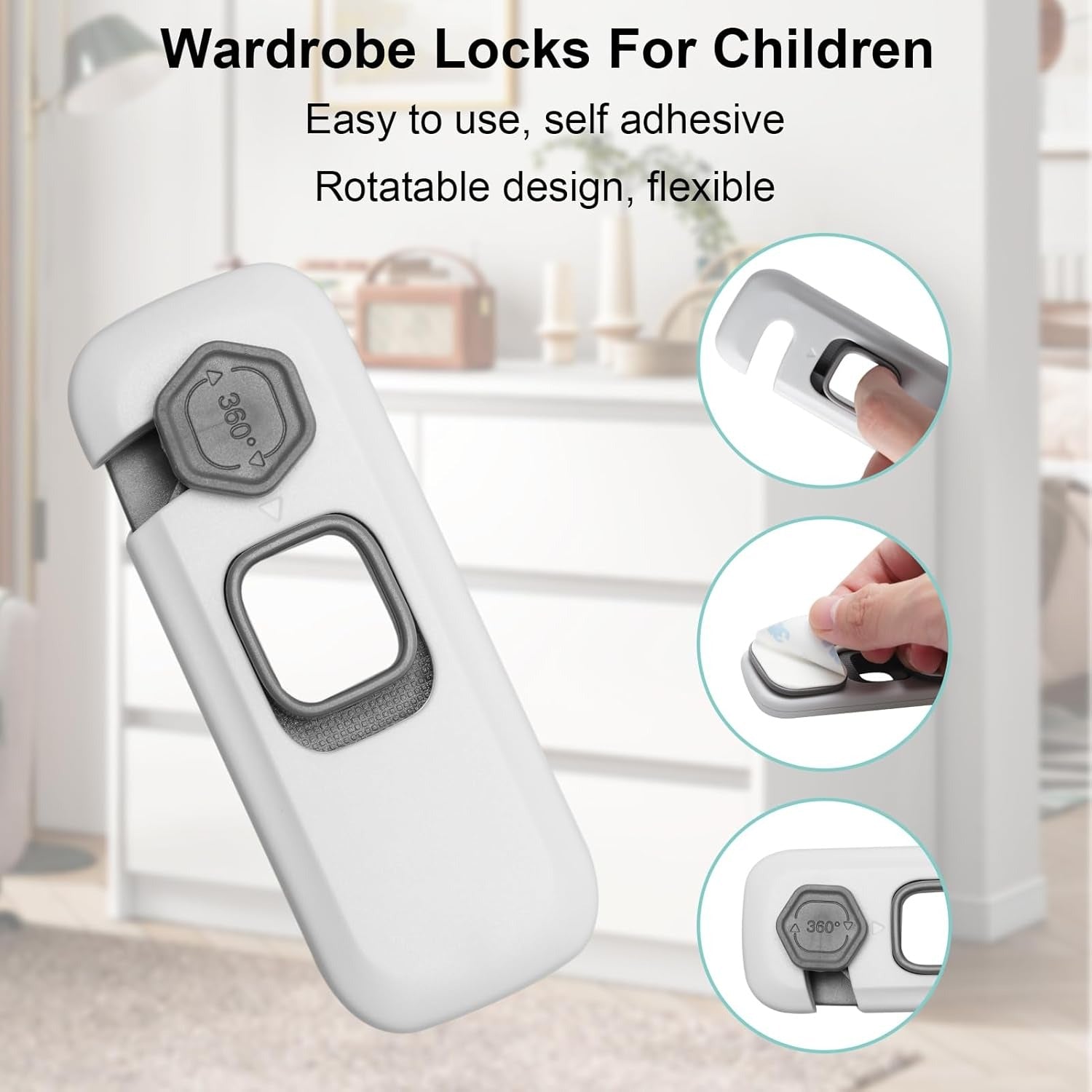 Self-Adhesive Wardrobe Locks for Children – Rotatable 360° Safety Latch for Cabinets, Drawers, and Cupboards main image