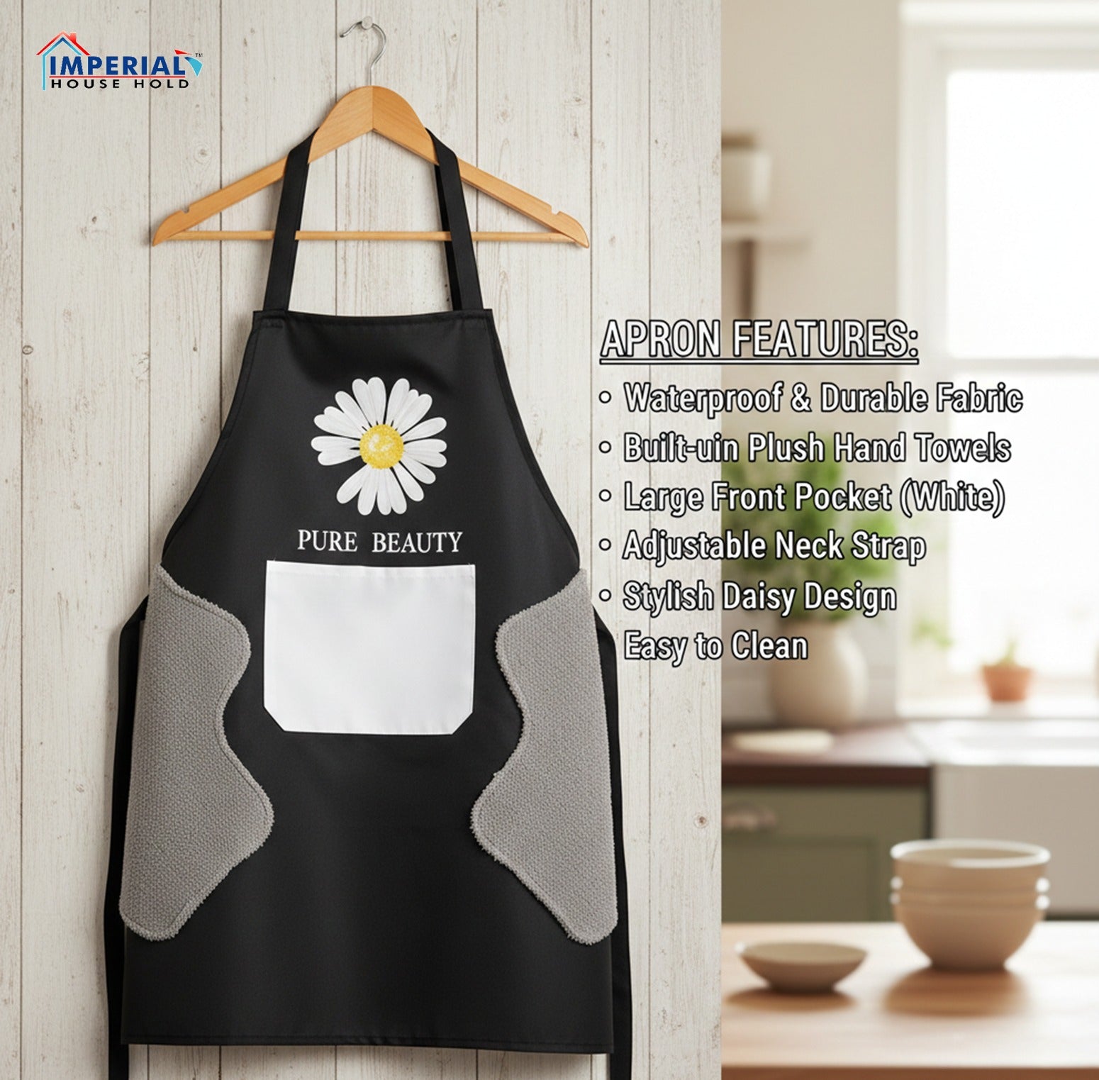 Imperial Waterproof Kitchen Apron with Built-in Plush Hand Towels & Large Front Pocket – Daisy Design image 2
