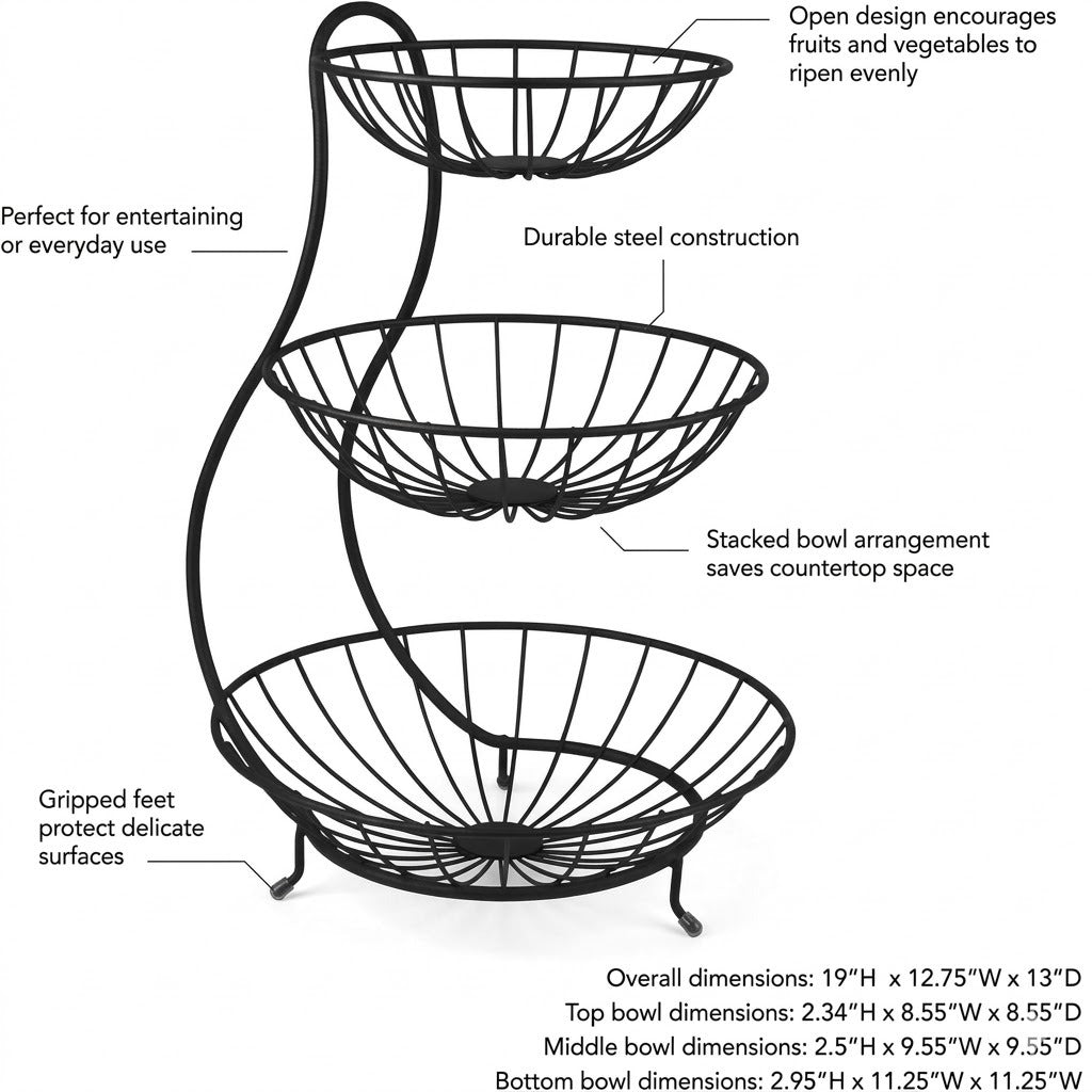 3 Tier Fruit Basket Wire Fruit Bowl – Three-Layer Dried Fruit Dish Home Snack Tray image 2