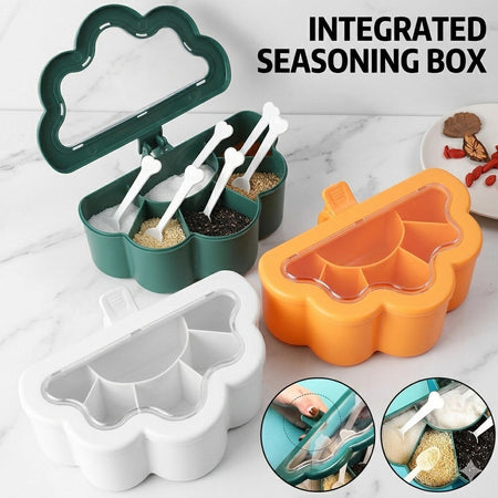 Cloud-Shaped Integrated Seasoning Box – 6-Compartment Spice Organizer with Spoons and Transparent Dust-Proof Lid main image