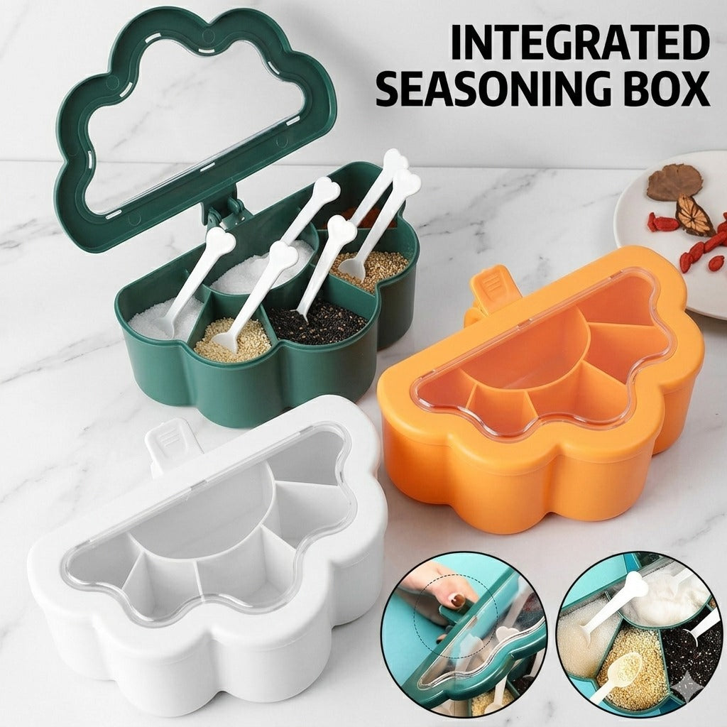 Cloud-Shaped Integrated Seasoning Box – 6-Compartment Spice Organizer with Spoons and Transparent Dust-Proof Lid main image
