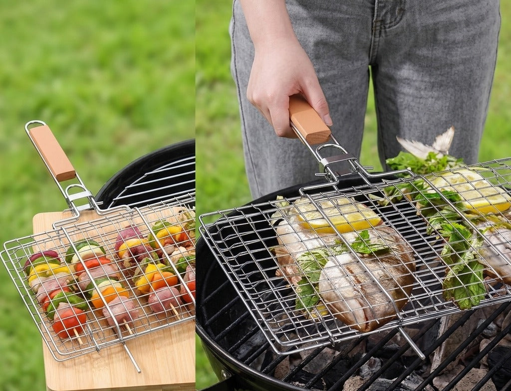Large Steel Portable Barbecue BBQ Grill Net Basket Roast Grilling Tray image 3